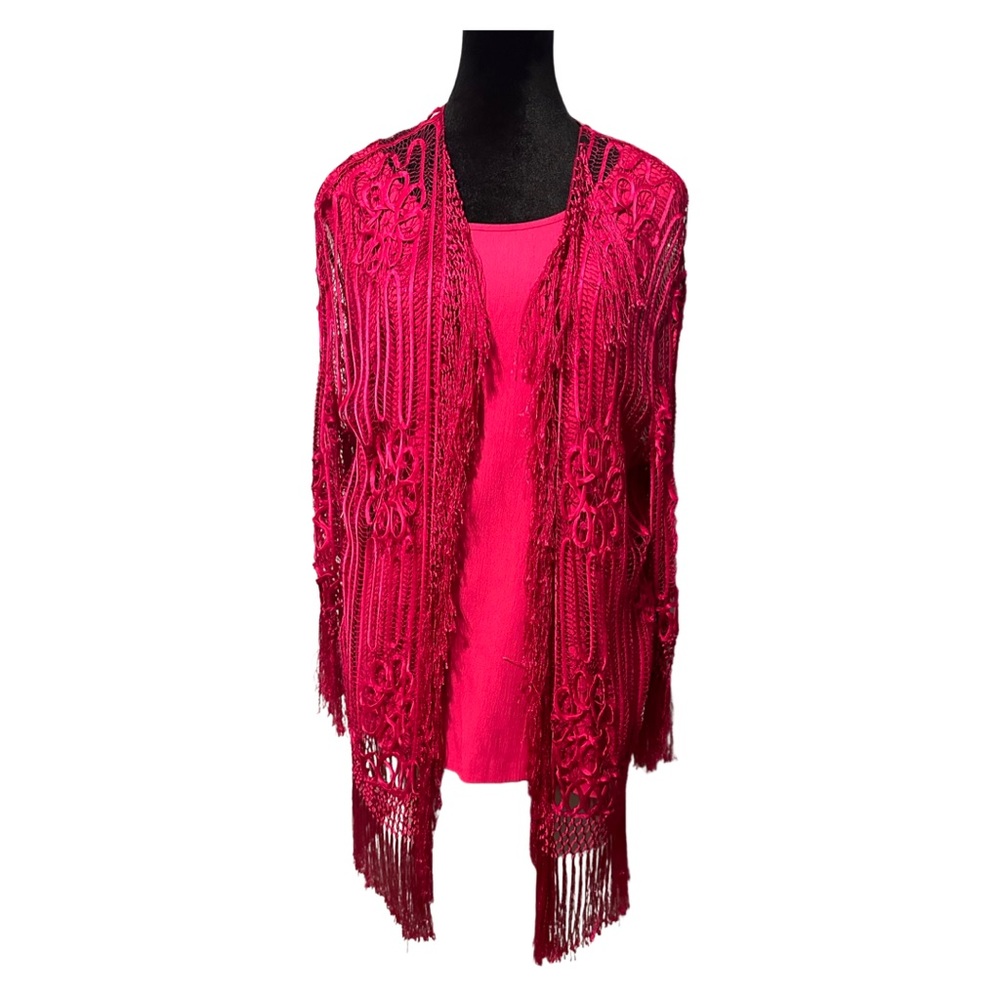 Wow 100% Silk Open Lace Crochet Floral Pink Cardigan One Size